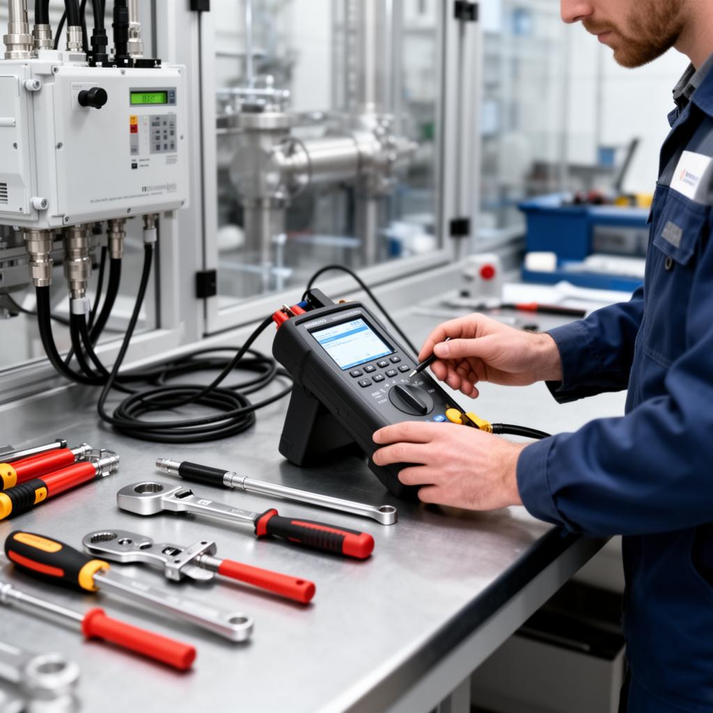 Service monteur aan het werk met technische meetapparatuur